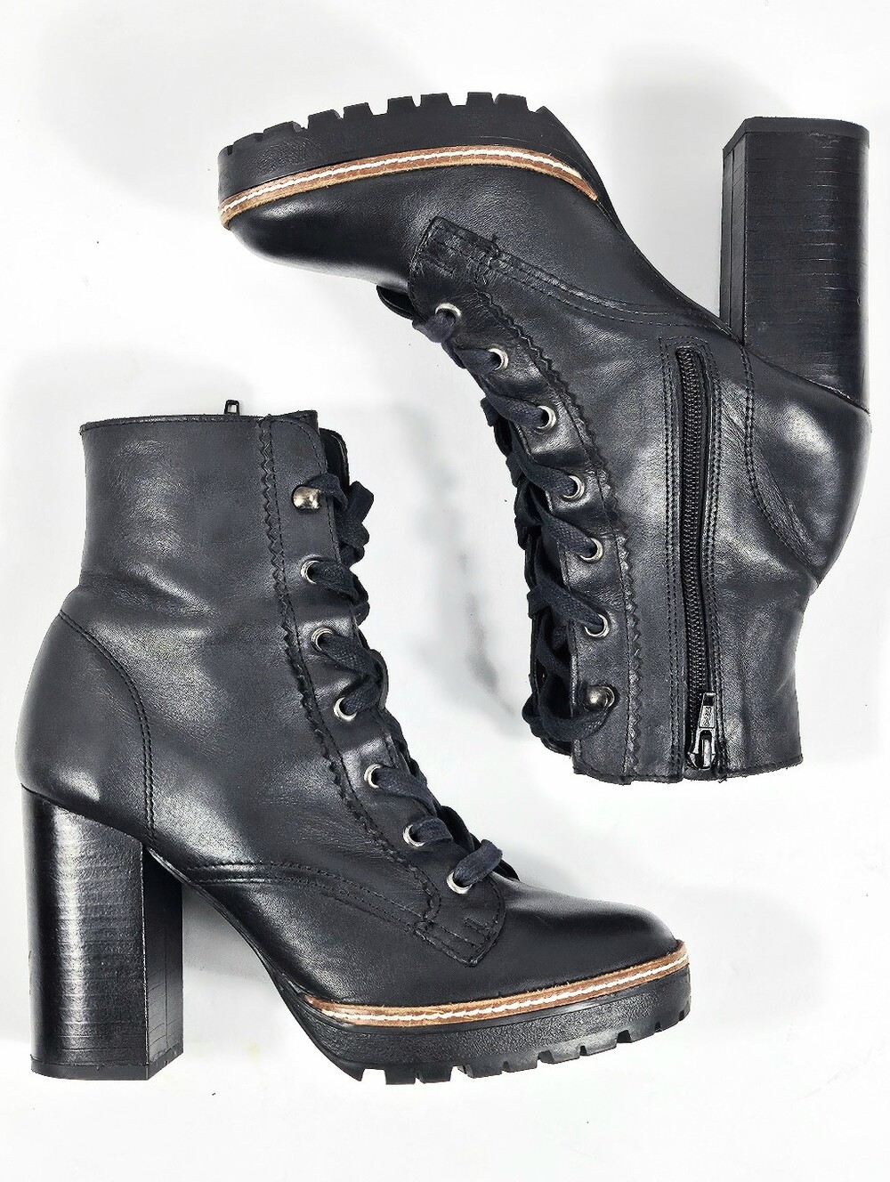 Chelsea & Violet Lexie Black Leather Lace-Up Block Heel Lug Sole Ankle Boot - Picture 11 of 16